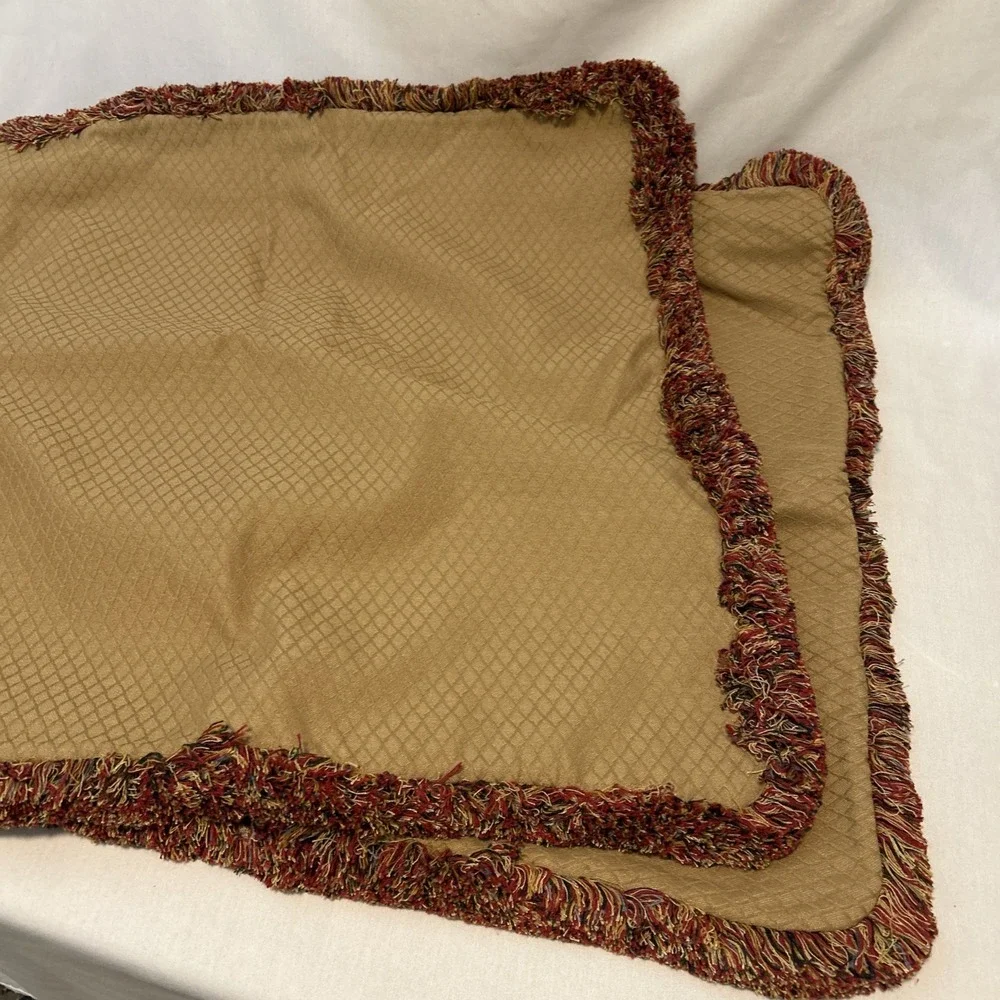 Custom Made Queen Bedskirt and 4 Shams Gold Green Red Stripe Tassel Fringe 1399